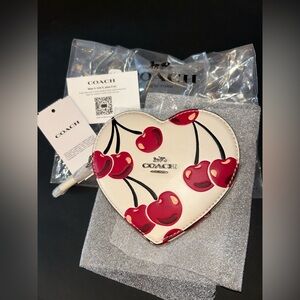 COACH Leather Heart Cherry Print Coin Case Red/Silver NWT
